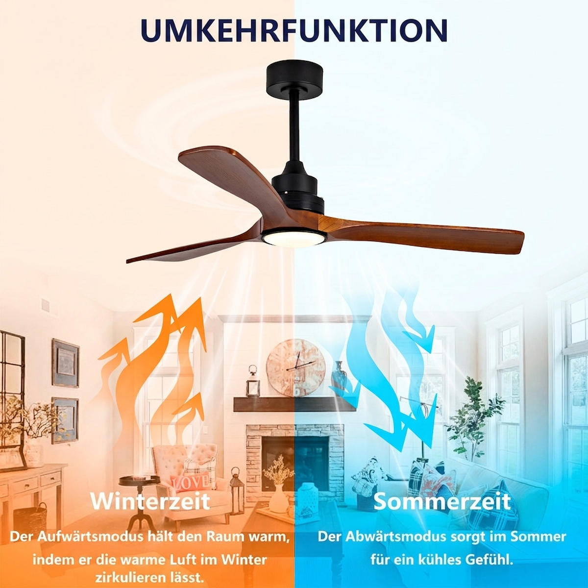 DECKENVENTILATOR & 3 Holzflügeln, 3-Stufen Dimmer, DC-Motor(35dB) - Schwarz, Holzwerkstoff (132/132/45.7cm) - BEXEVUE