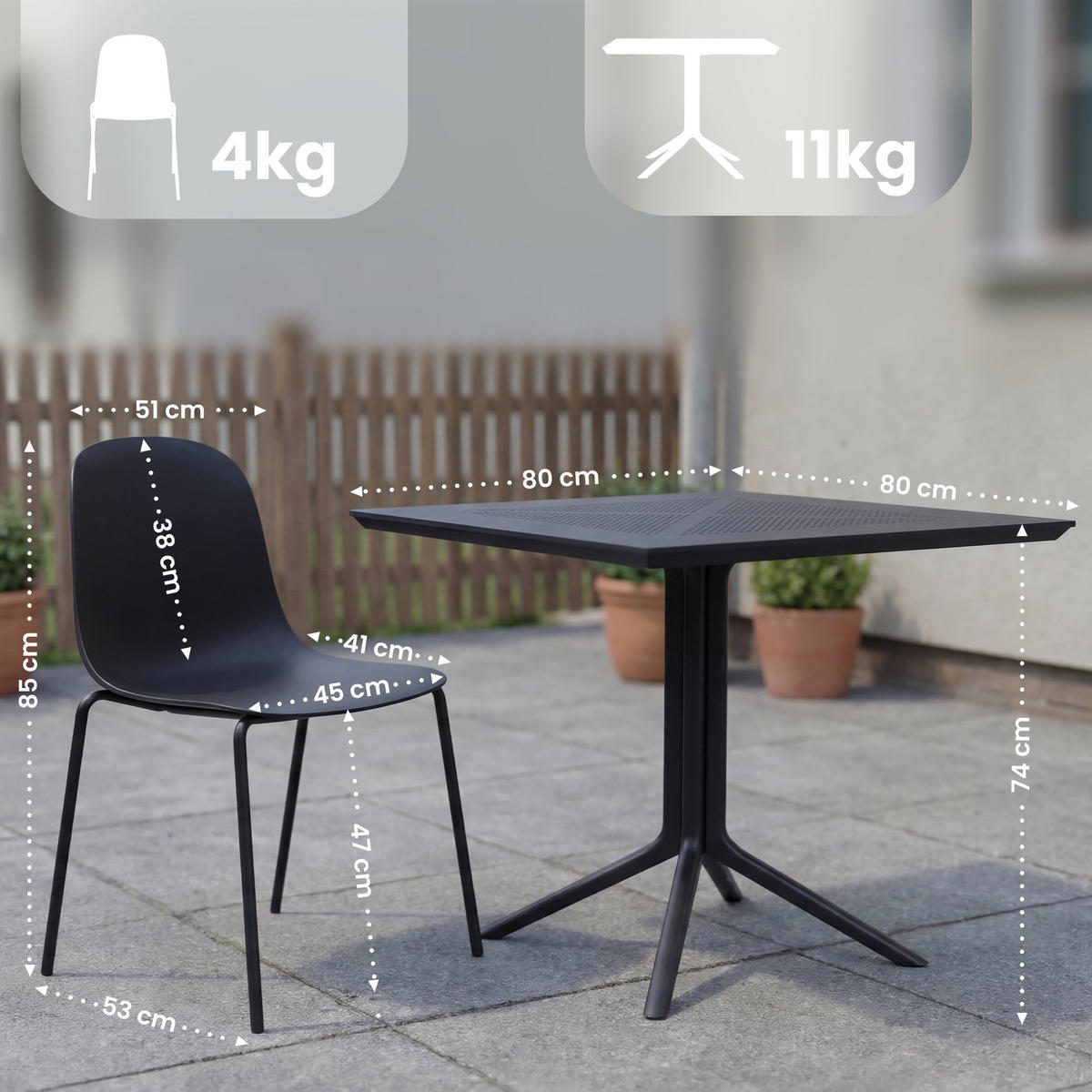 GARTENMÖBEL-SET Mara 4 Stühle 186x182x85cm Metall Schwarz Balkonset - Schwarz, Metall - DELUKE