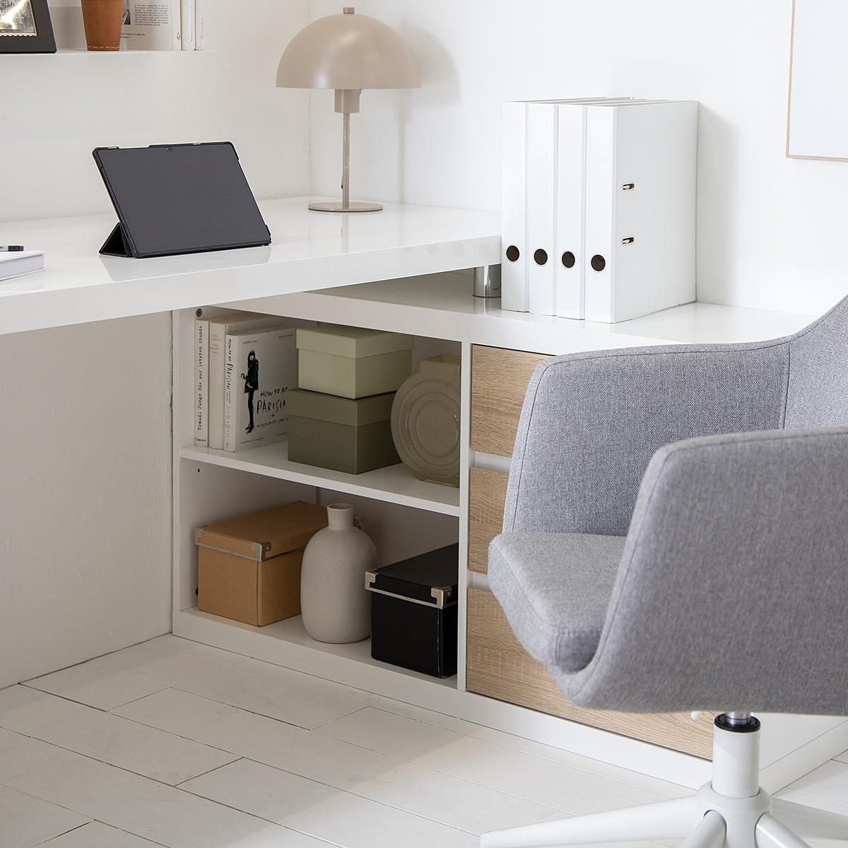 ECKSCHREIBTISCH - Weiß Hochglanz/Eichefarben, Holzwerkstoff (115/140/75cm) - home24