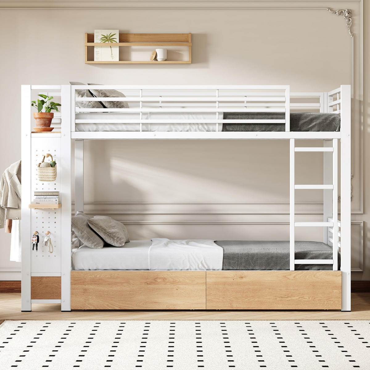 ETAGENBETT 90/200 cm Weiß mit 4 Schubladen, LED-Lichtleiste und Kleiderstange - Weiß, Metall (90/200cm) - Oxeza