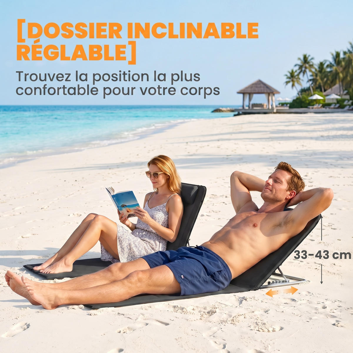 SONNENLIEGE 2er-Set gepolsterte Strandmatten,Verstellbare Rückenlehne,Inklusive Tragetasche,134*48*45 cm - Schwarz, Metall (48/45/134cm) - Vallsero