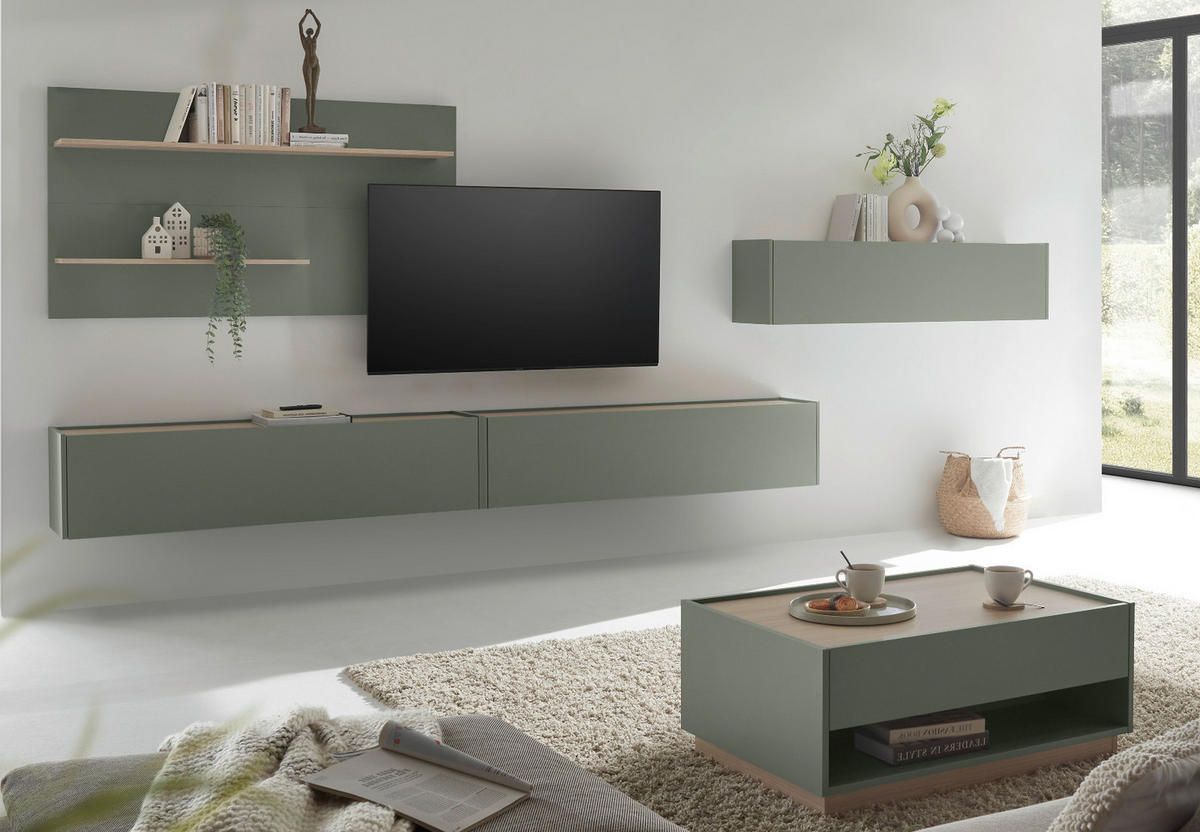 WOHNWAND 4-teilig, Set in Salbei Grün und Eiche, mit XXL TV Lowboard 300 cm hängend, gesamt 400 x 190 cm - Salbeigrün/Eichefarben, Holz/Holzwerkstoff (400/190/30cm) - Furn.Design