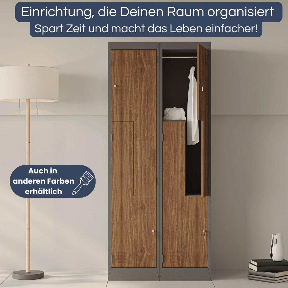 UMKLEIDESCHRANK Spind OSLO 4 Abteile 185x80x45cm Anthrazit-Nussbaum - Anthrazit, Metall (80/185/45cm) - DELUKE