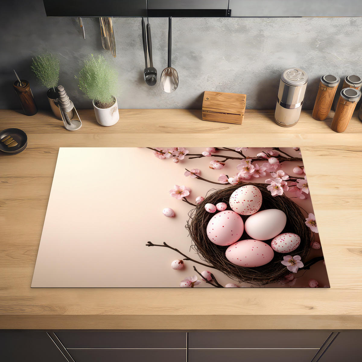 HERDABDECKPLATTE Rosa - Blüten - Eier Ceranfeldabdeckung 78x52 cm - Hellrosa, Kunststoff (78/52/0.2cm) - MuchoWow