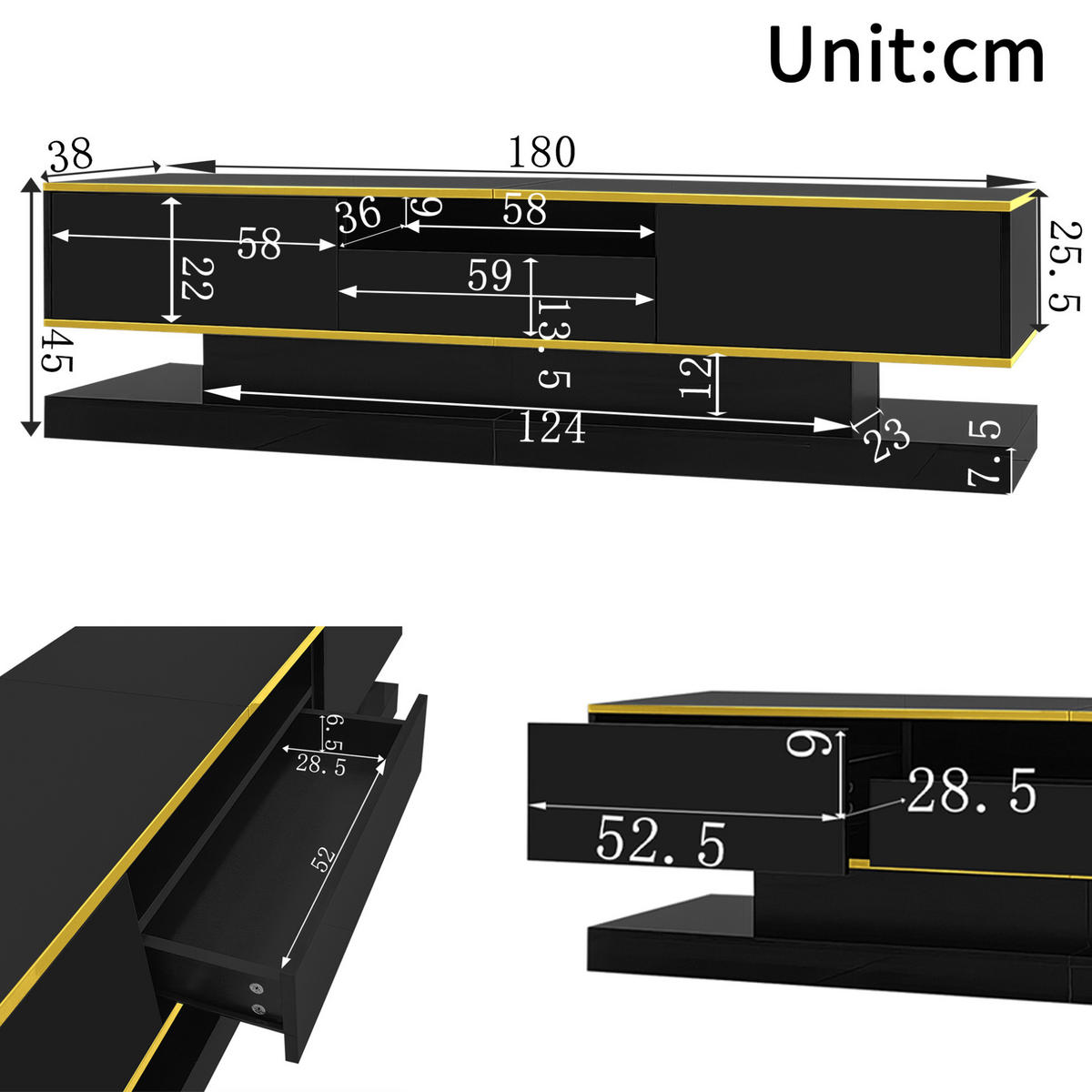 TV-ELEMENT mit 3 Schubladen 180 x 38 x 45 cm Schwarz Hochglanz mit LED - Schwarz, Holzwerkstoff (38/45/180cm) - Beauniv