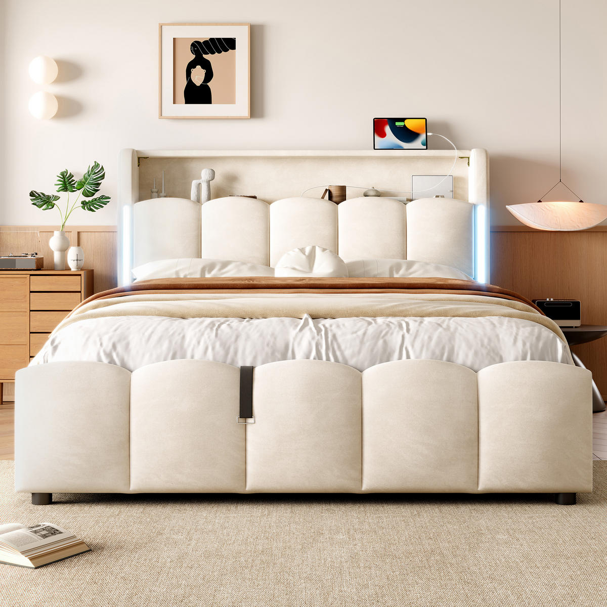 POLSTERBETT 140/200 cm in Beige Samt mit Stauraum, LED, USB und Type-C - Beige, Holzwerkstoff/Textil (140/200cm) - WISHDOR