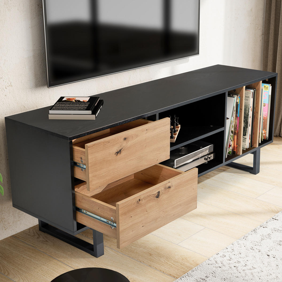 TV-LOWBOARD mit Eiche-Dekor, Schubladen und offenes Regal, modern, Schwarz 150x40x55 cm - Schwarz, Holzwerkstoff/Metall (150/55/40cm) - KADIMA DESIGN
