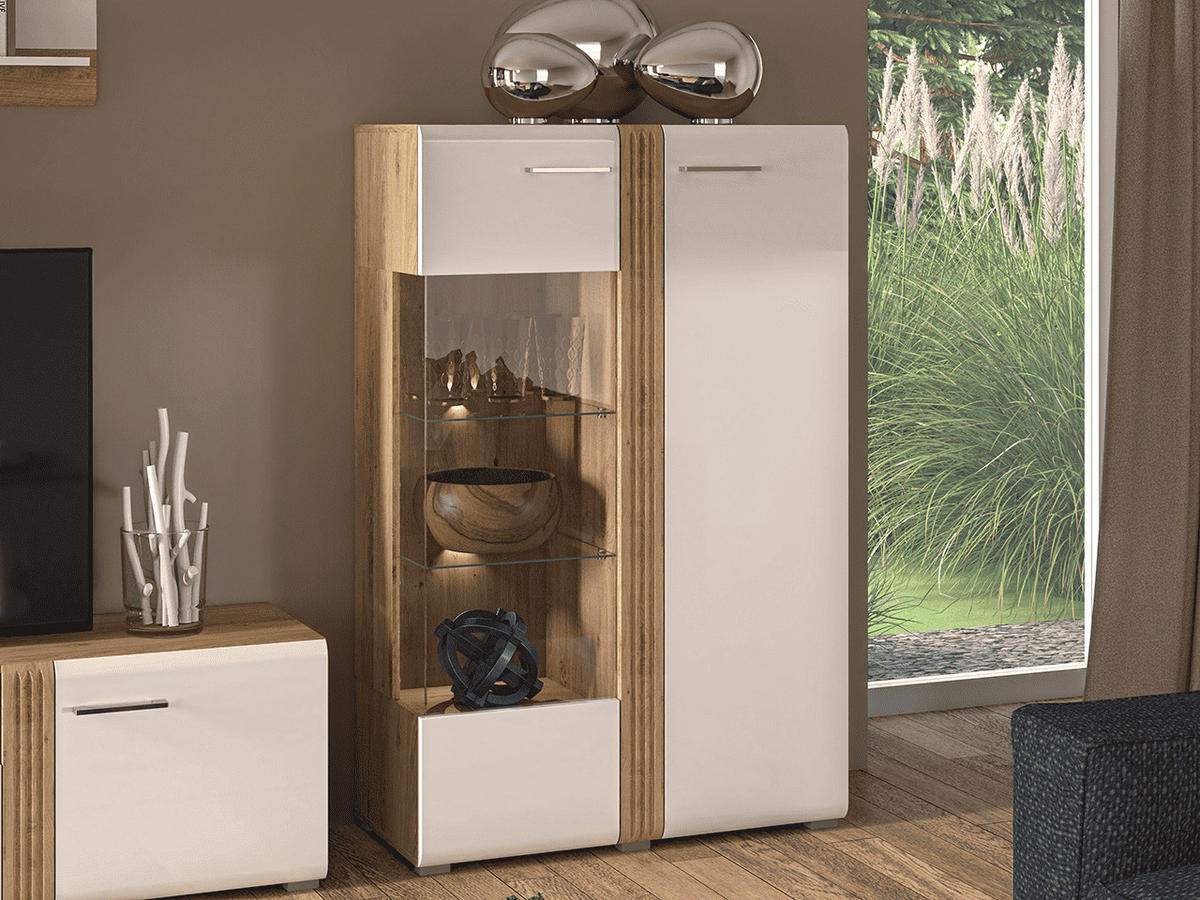 VITRINE – 92 cm – Adagio – Weiß / Eichefarben – Anschlag rechts – VT-GEN148 - Eichefarben/Weiß, Holzwerkstoff (92/143/42cm) - hi-markt