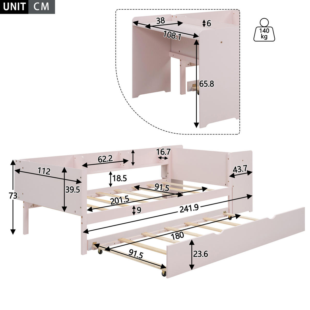 KINDERBETT 90/200 cm rosa mit ausziehbarem Bett und Schreibtisch - Rosa, Holz (90/200cm) - OKWISH