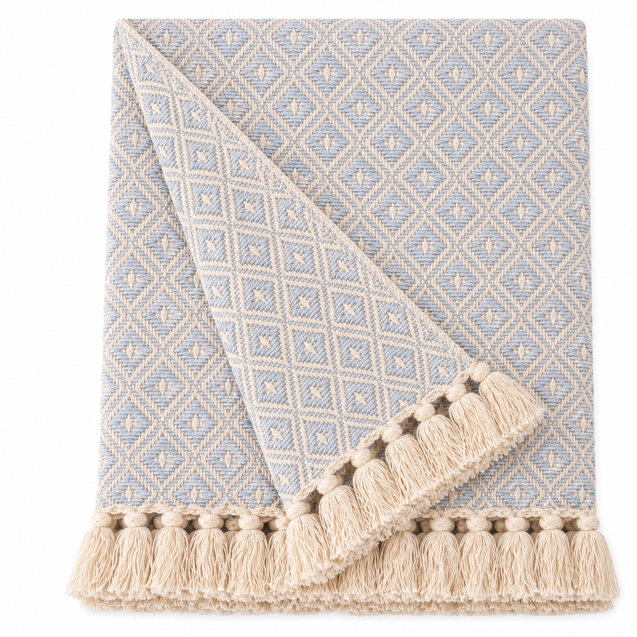 WOHNDECKE Baumwolle 130x180 cm Mit Fransen – Light Blue/Natural - Blau, Naturmaterialien (130/180cm) - AU Maison