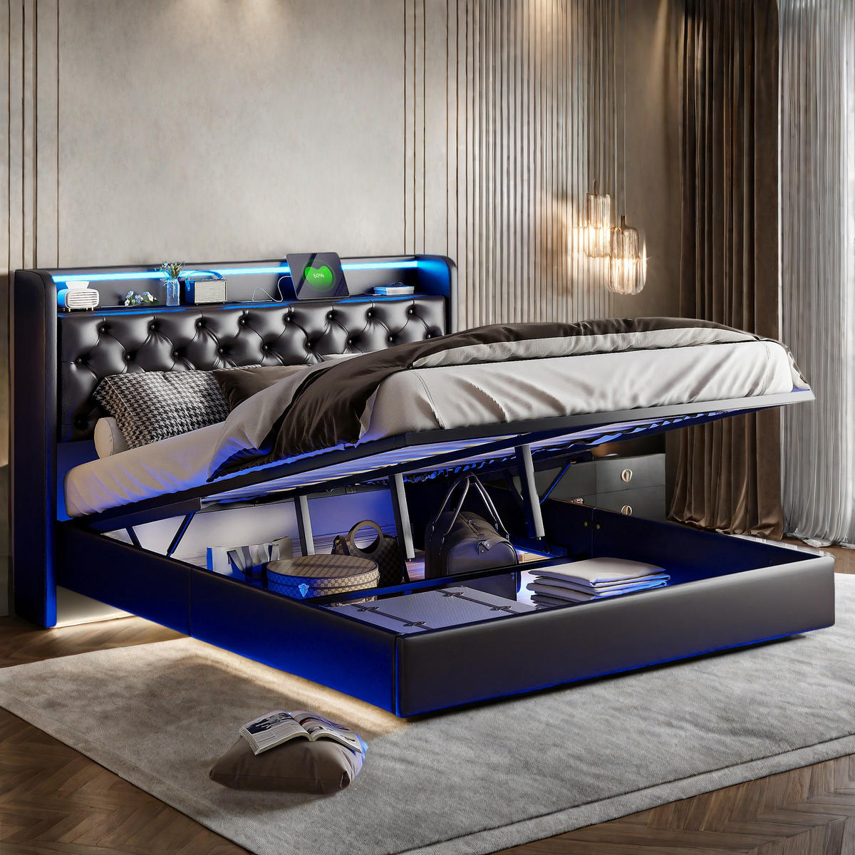 POLSTERBETT 140x200 cm Schwarz PU LED USB Bettkasten - Schwarz, Holz (140/200cm) - SHOPENTRA