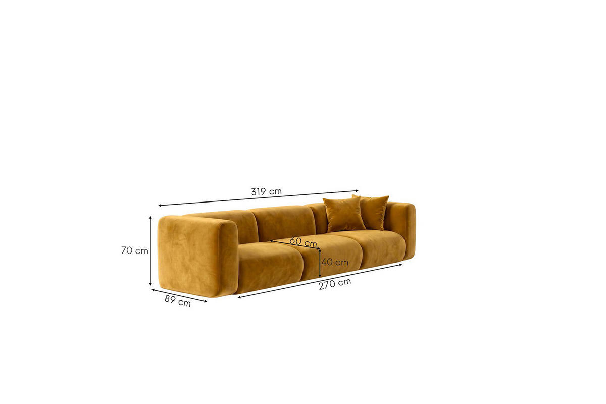 SOFA 3-Sitzer, Velvet-Stoff Bluvel, Golden, GRETA - Goldfarben, Holz (319/70/89cm) - Kaiser Möbel