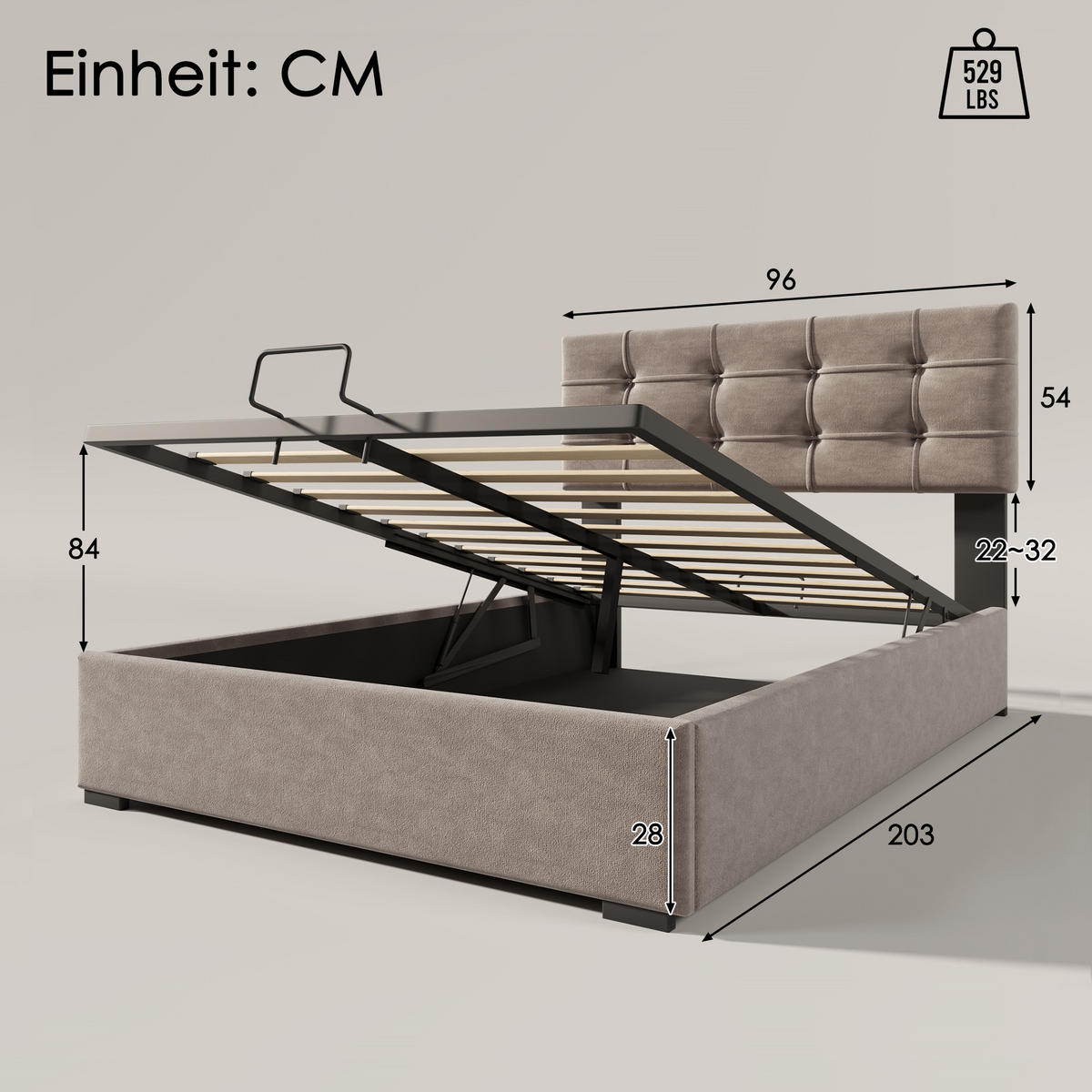 STAURAUMBETT Grau 200/90 cm - Grau, Metall (90/200cm) - Urban Meuble