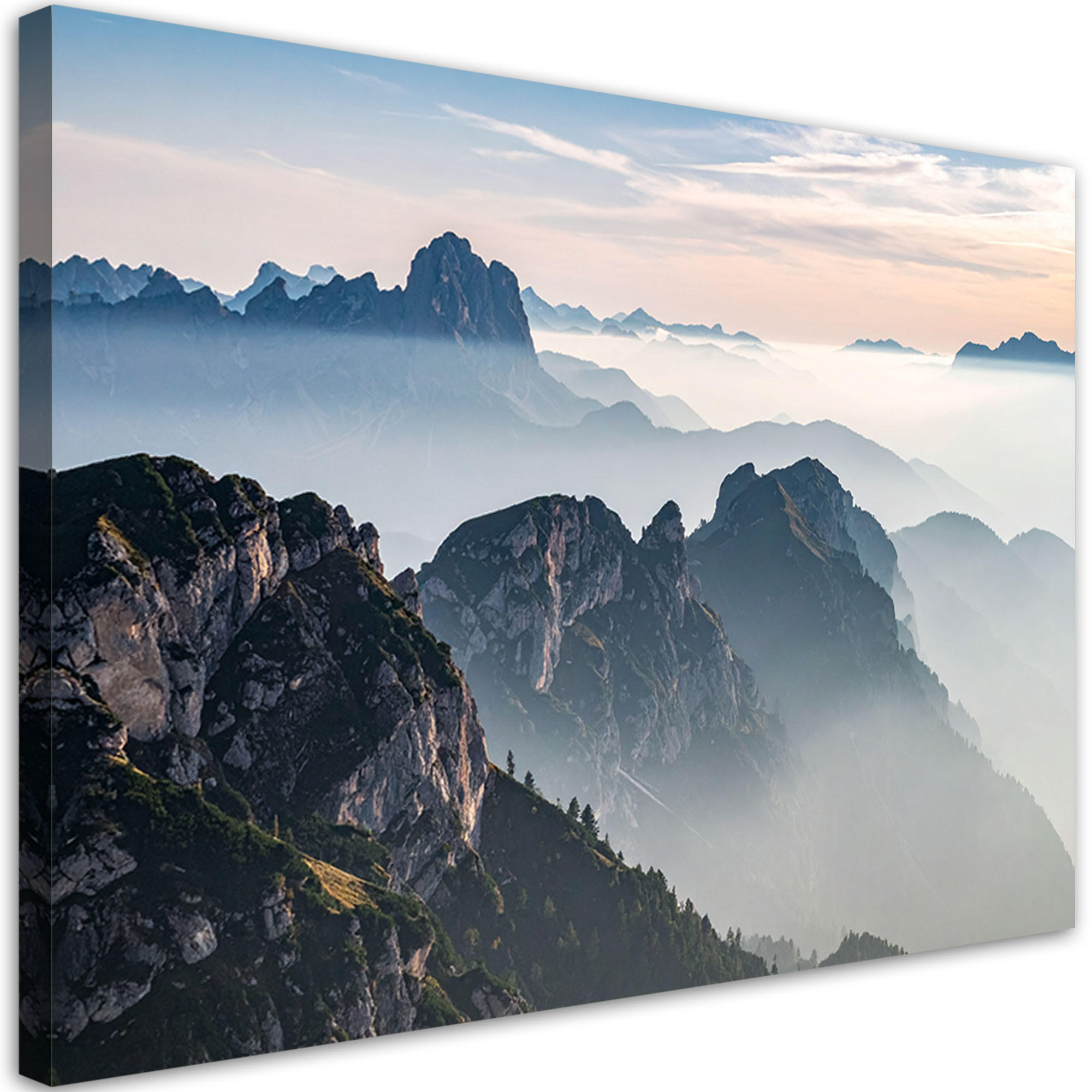 LEINWANDBILD Landschaft Berge Nebel Natur 90x60cm - Grau, Textil (90/60cm) - Feeby