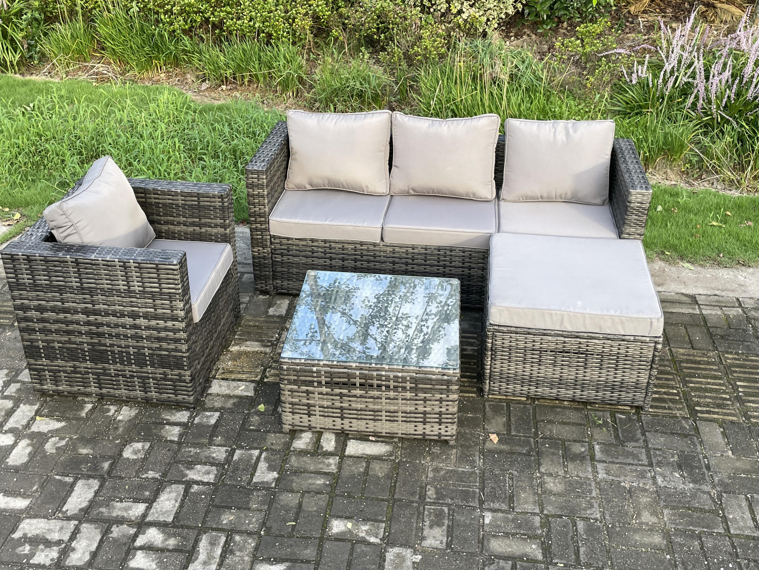 GARTENTISCHGRUPPE Polyrattan 5-Sitzer - Dunkelgrau, Metall - Fimous