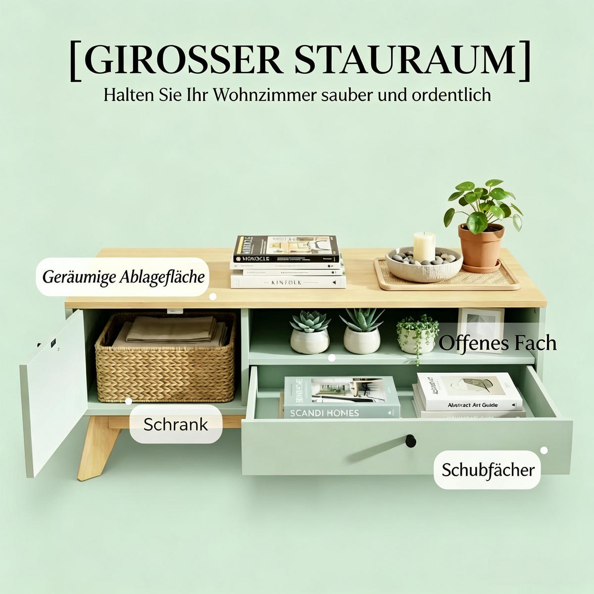 COUCHTISCH rechteckig Hellgrün/Eichenoptik mit Schublade - Eichefarben/Grün, Holzwerkstoff (100/50/40cm)