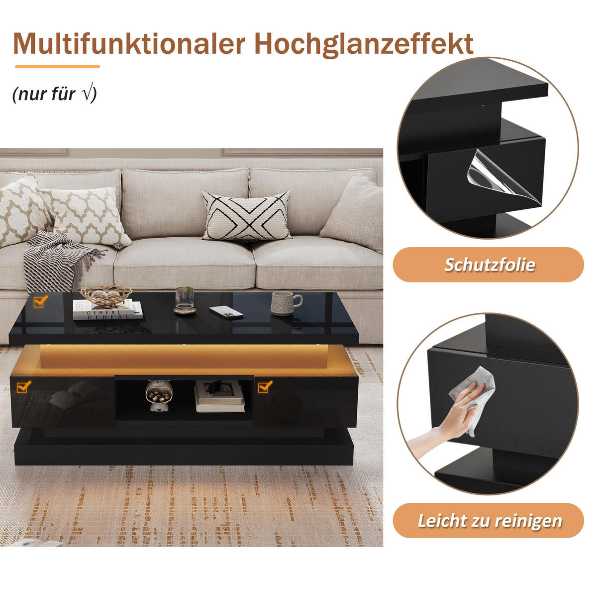 COUCHTISCH 100/50/40 cm Schwarz höhenverstellbar mit LED-Beleuchtung und Stauraum - Schwarz, Holzwerkstoff (100/50/40cm) - OKWISH