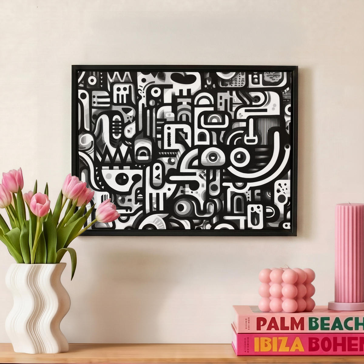 LEINWAND Bilder mit Rahmen - Symbole - Abstrakt - Grafik - Schwarz - 40x30 - Schwarz, Textil (40/30cm) - MuchoWow