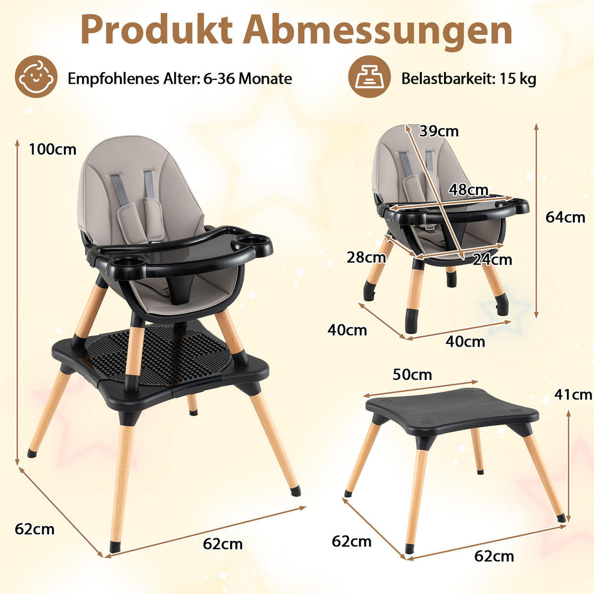 KINDERHOCHSTUHL mit Bausteintisch schwarz - Schwarz, Kunststoff (62/100/62cm) - COSTWAY