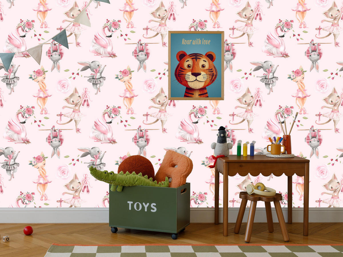 VLIESTAPETE Katzen und Hasen als Ballerinas – Rosa, Weiß – 50x1000 cm - Rosa/Weiß, Papier (50/1000cm) - Muralo