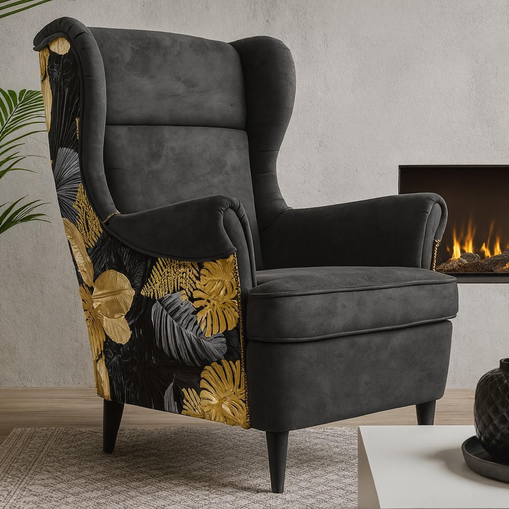 OHRENSESSEL Havana im skandinavischen Stil, Schwarz, mit Beinen in Wengefarbe - Wengefarben/Schwarz, Holzwerkstoff (82/102/92cm) - Beautysofa