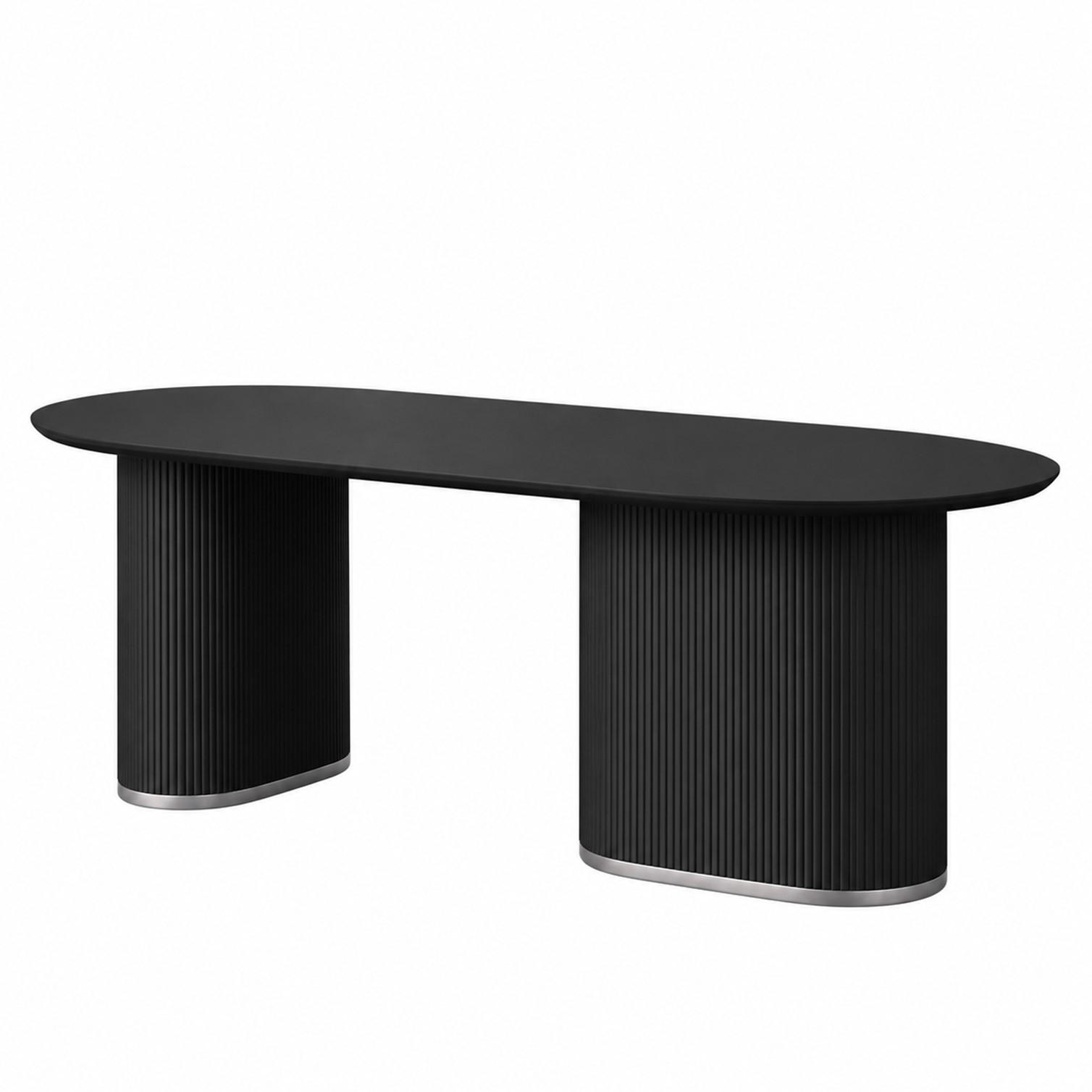 ESSTISCH Oval Schwarz 180 × 90 cm geriffeltes Säulengestell mit silberfarbenen Akzenten - Schwarz, Holzwerkstoff (90/180/76cm) - HOOZ