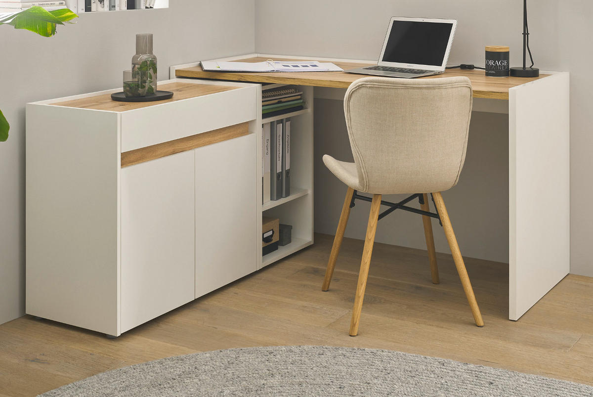 SCHREIBTISCHKOMBINATION 3-teilig weiß, Eiche Wotan 143 cm, Büromöbel Set mit Aktenregal und Kommode - Eichefarben/Silberfarben, Holzwerkstoff/Kunststoff (140/143/76cm) - Furn.Design