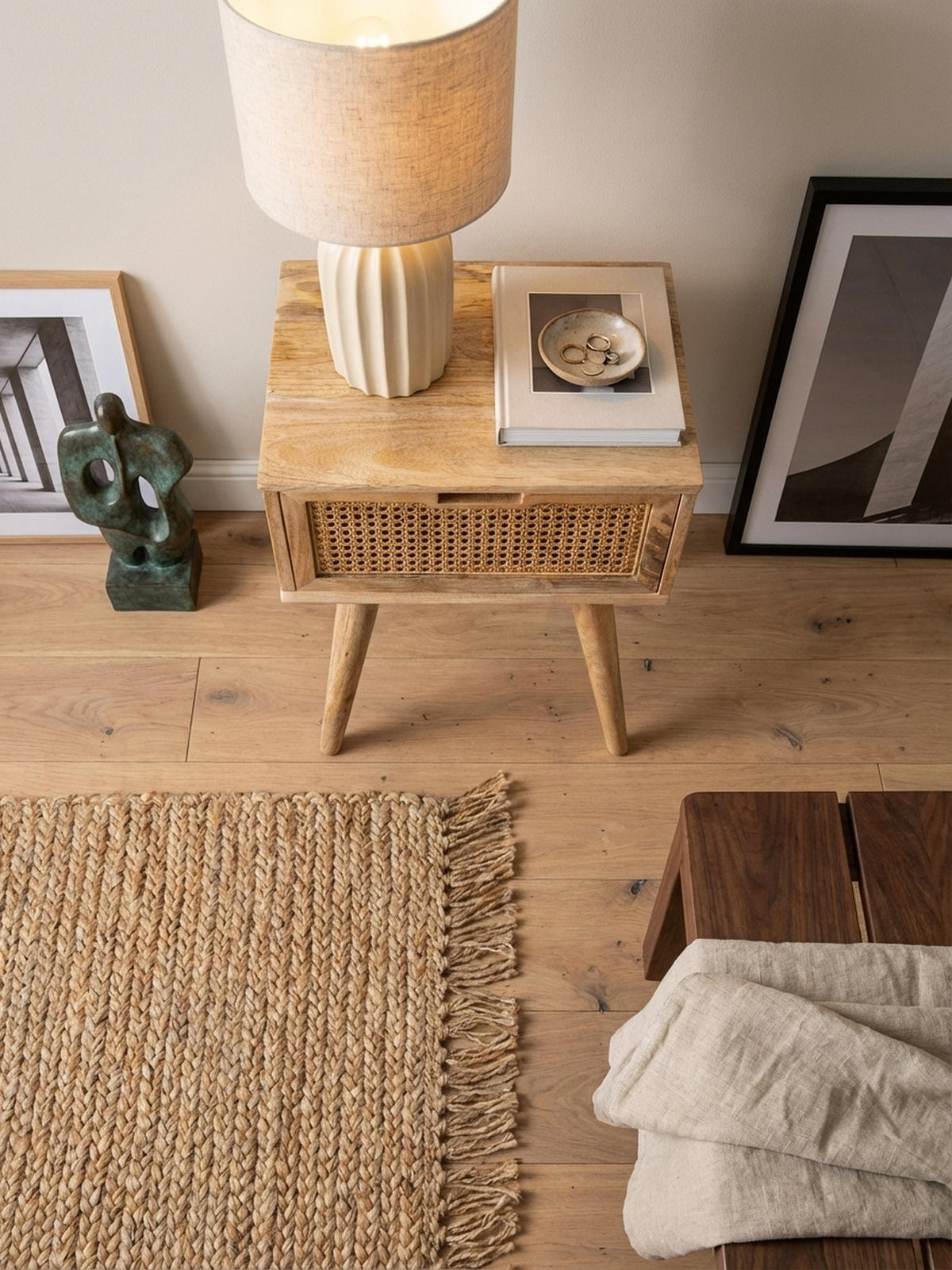 NACHTTISCH – Mango Massivholz/Rattan, 40x60x30 cm, Braun, 1 Schublade, Wiener Geflecht - Braun, Holz (40/60/30cm) - KADIMA DESIGN