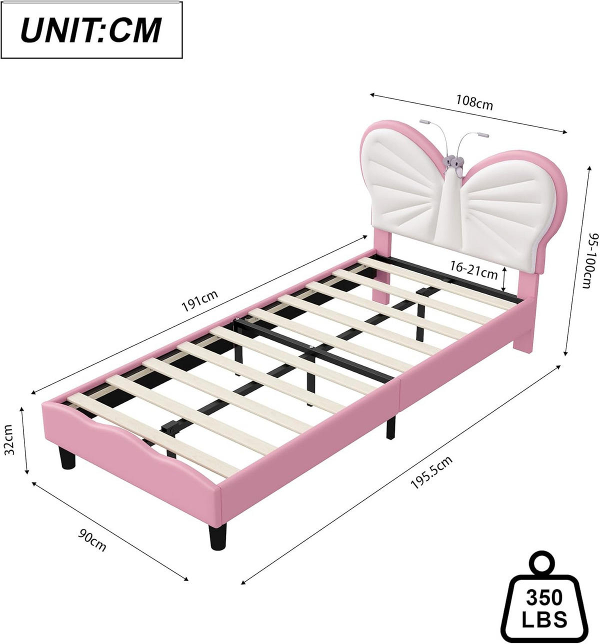 KINDERBETT 90x190 cm LED Leselampe rosa - Rosa, Holz (90/190cm) - LEBENLANG
