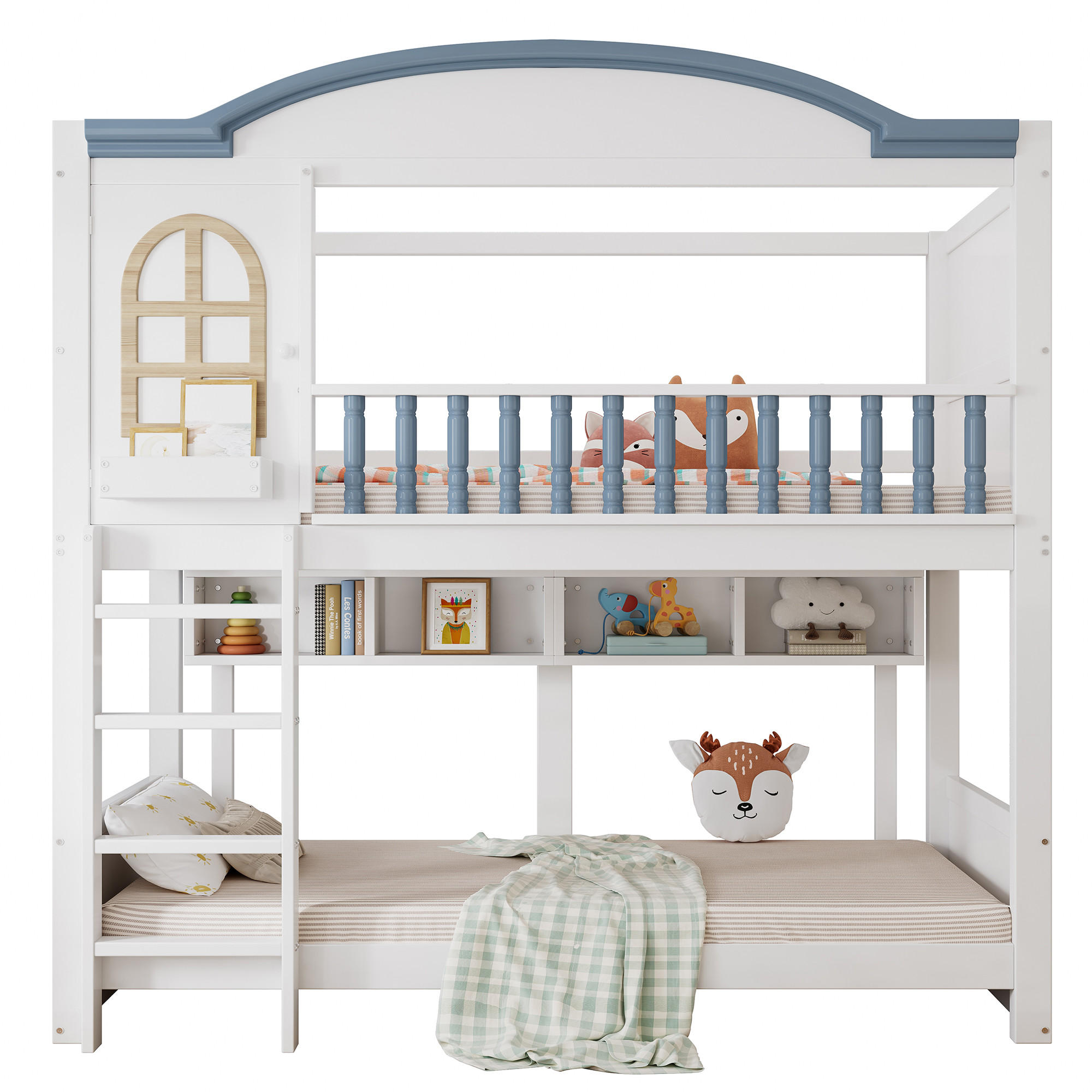HAUSBETT 90x200cm mit vierstufiger Leiter in Weiß+Blau - Weiß, Holz (90/200cm) - KOMHTOM