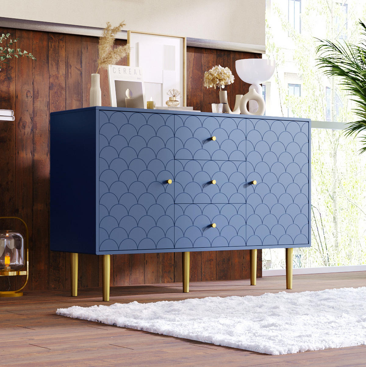 KOMMODE aus Holz und Metall 120x40x83 cm Marineblau mit 2 Türen, 3 Schubladen und verstellbarem Einlegeboden - Dunkelblau, Metall (120/83/40cm) - Modfu