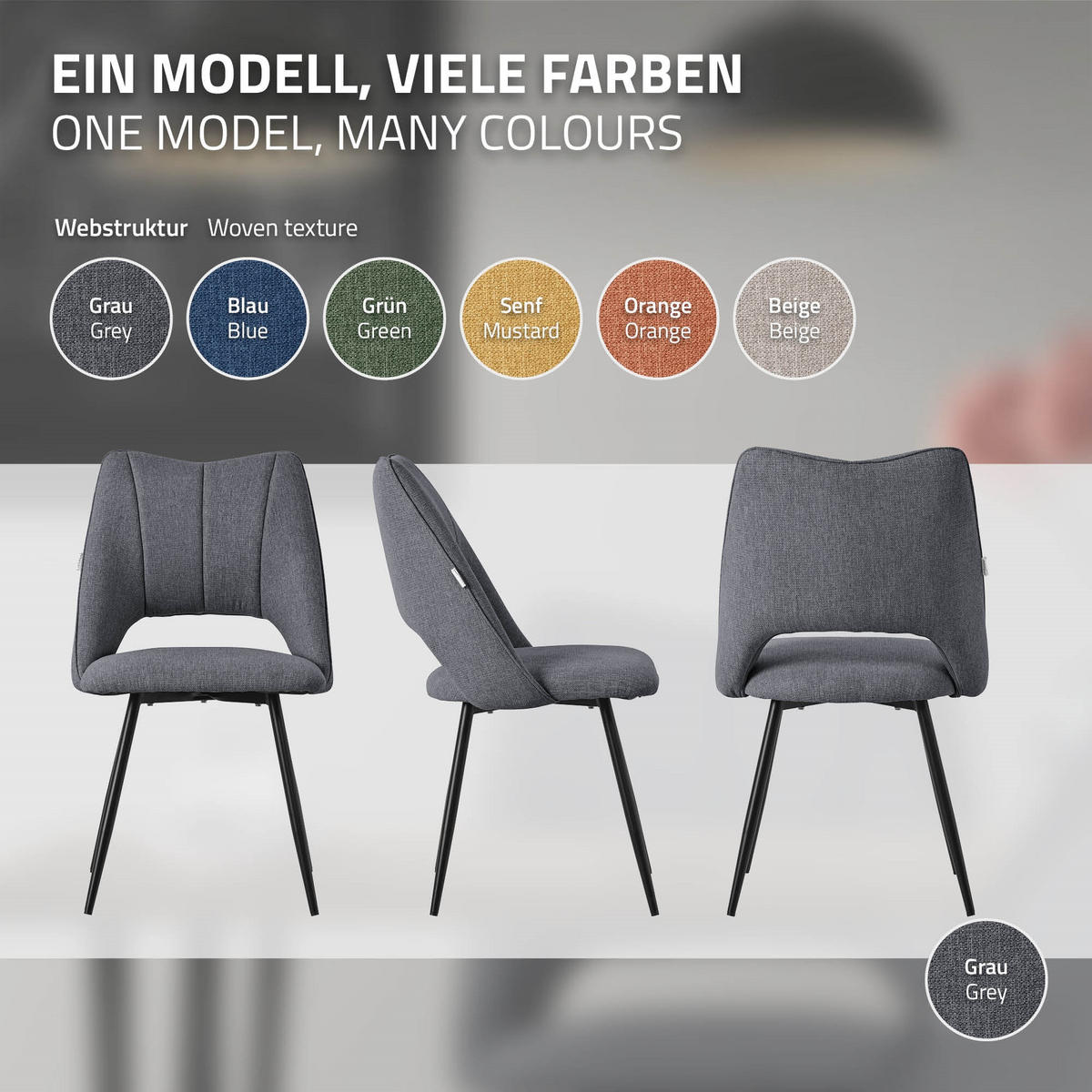 ESSZIMMERSTUHL Grau 4er Set - Schwarz/Grau, Textil/Metall (57/89/53cm) - ML-DESIGN