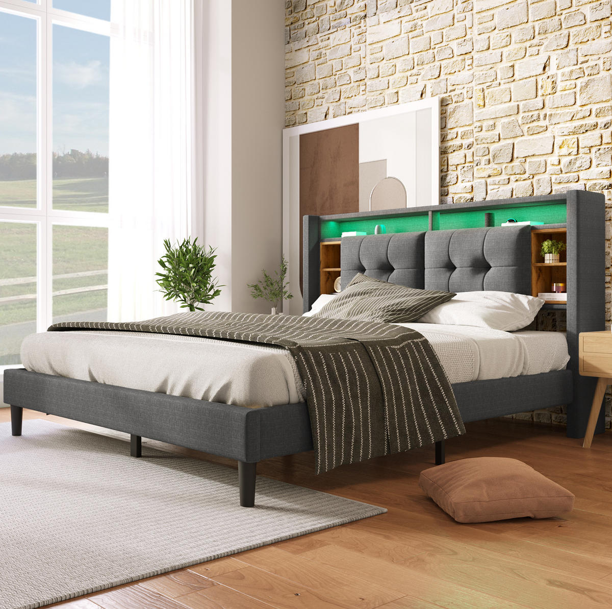POLSTERBETT aus Massivholz 140x200 cm Grau mit Stauraum-Kopfteil, LED-Beleuchtung und USB-Anschlüssen - Grau, Holz (140/200cm) - IVMEU
