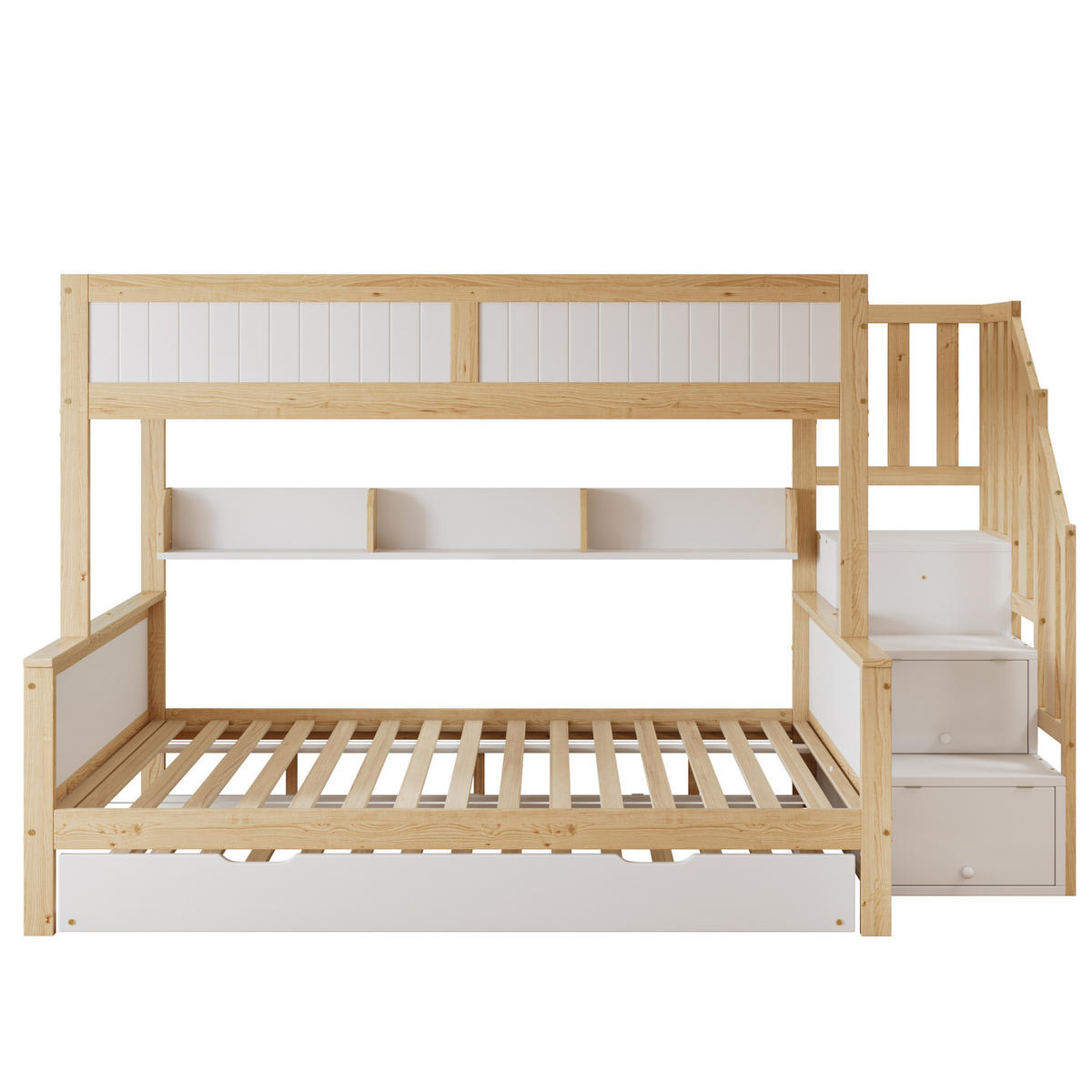 ETAGENBETT aus Kiefernholz und MDF 90x200/120x200 cm Weiß/Natur mit Stauraumtreppe und Rollbett - Weiß, Holzwerkstoff (90/200cm) - IVMEU
