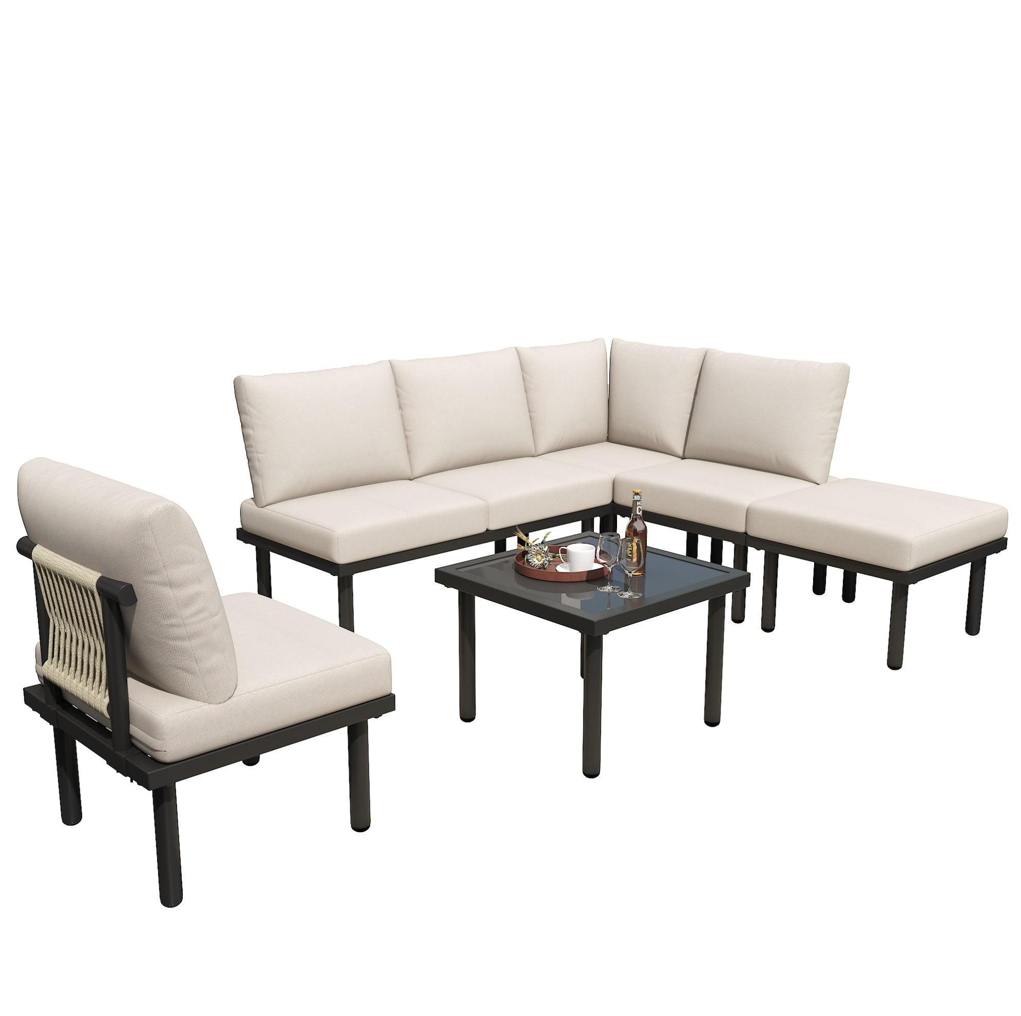 GARTEN-LOUNGESESSEL-SET 6-teilig aus Olefin und verzinktem Stahl mit Glastischplatte und verstellbaren Füßen, Beige - Beige, Metall - Redom