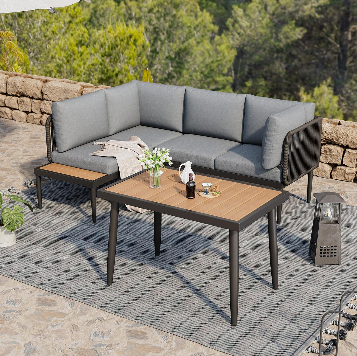 GARTEN-ESSGRUPPE 178/139/68 cm grau aus Olefin und verzinktem Stahl mit Ecksofa und Esstisch - Grau, Metall - OKWISH