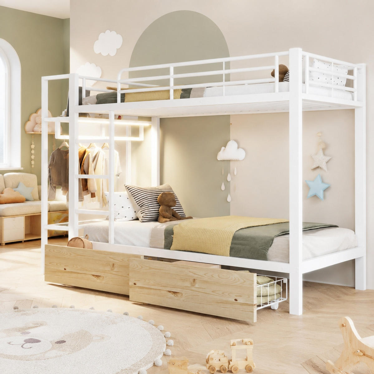 ETAGENBETT 90/200 mit LED, Schubladen, Regalen und Kleiderstange in Weiß - Weiß, Holzwerkstoff/Metall (90/200cm) - EVRYAE