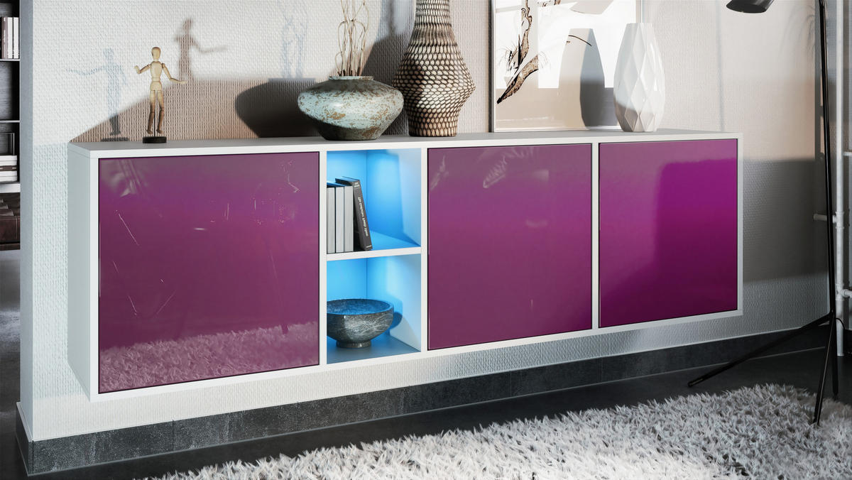 SIDEBOARD Cuba Türen in Brombeer Hochglanz - Brombeere, Holzwerkstoff (182/53/35cm) - Vladon