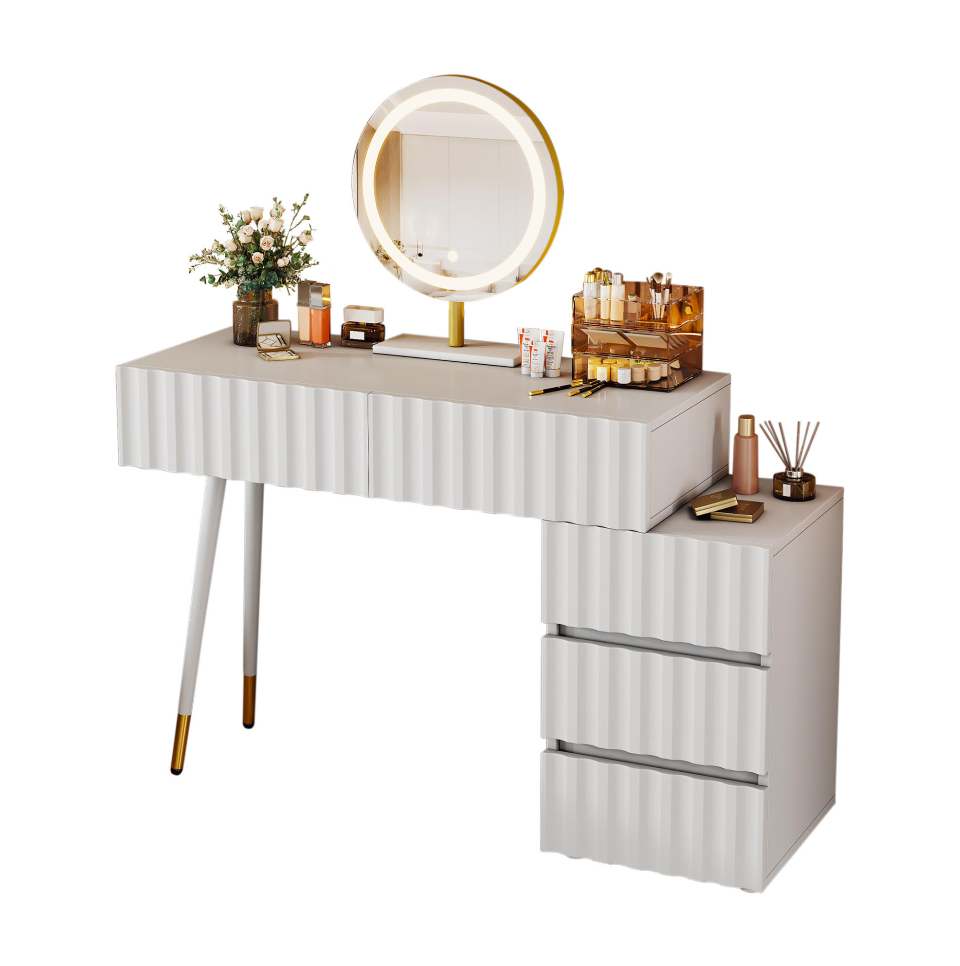 SCHMINKTISCH 100/40/127 cm Weiß mit LED-Beleuchtung und 5 Schubladen - Weiß, Holzwerkstoff (40/127/135cm) - OKWISH