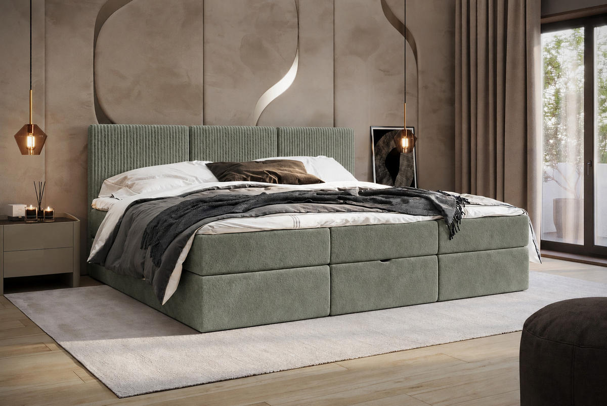 BOXSPRINGBETT Familienbett XXL 240x200 cm mit Bettkasten & Topper – Khaki - Salbeigrün, Textil (240/200cm) - MebleHot