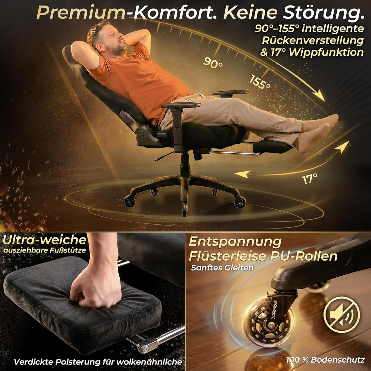GAMING-STUHL Mikrofaser-Velours Verstellbarer Bürostuhl mit Fußstütze - Schwarz, Leder (70/128/70cm)