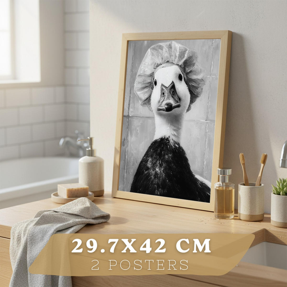 PLAKÁT Sada 2 zábavných černobílých potisků moderní minimalistický styl Světlý dřevěný rám A3 - béžová, papír (42/29.7/3cm) - Nacnic