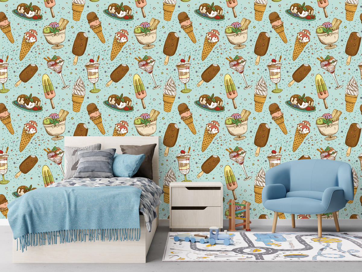 VLIESTAPETE Eiscreme und Süßigkeiten – Bunt, Türkis – 50x1000 cm - Türkis/Multicolor, Papier (50/1000cm) - Muralo
