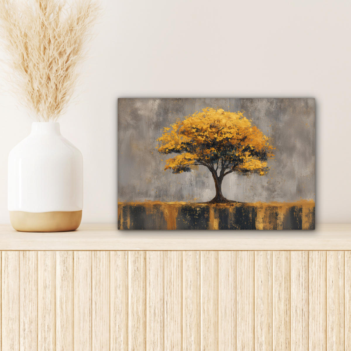 LEINWANDBILD Baum - Blätter - Gold - Abstrakt Deko Schlafzimmer 30x20 cm - Grau, Textil (30/20cm) - MuchoWow