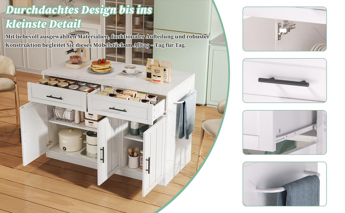 KÜCHENINSEL 120x60x91 cm mit Steckdosen, USB und Barbereich - Weiß, Holzwerkstoff (120/91/60cm)