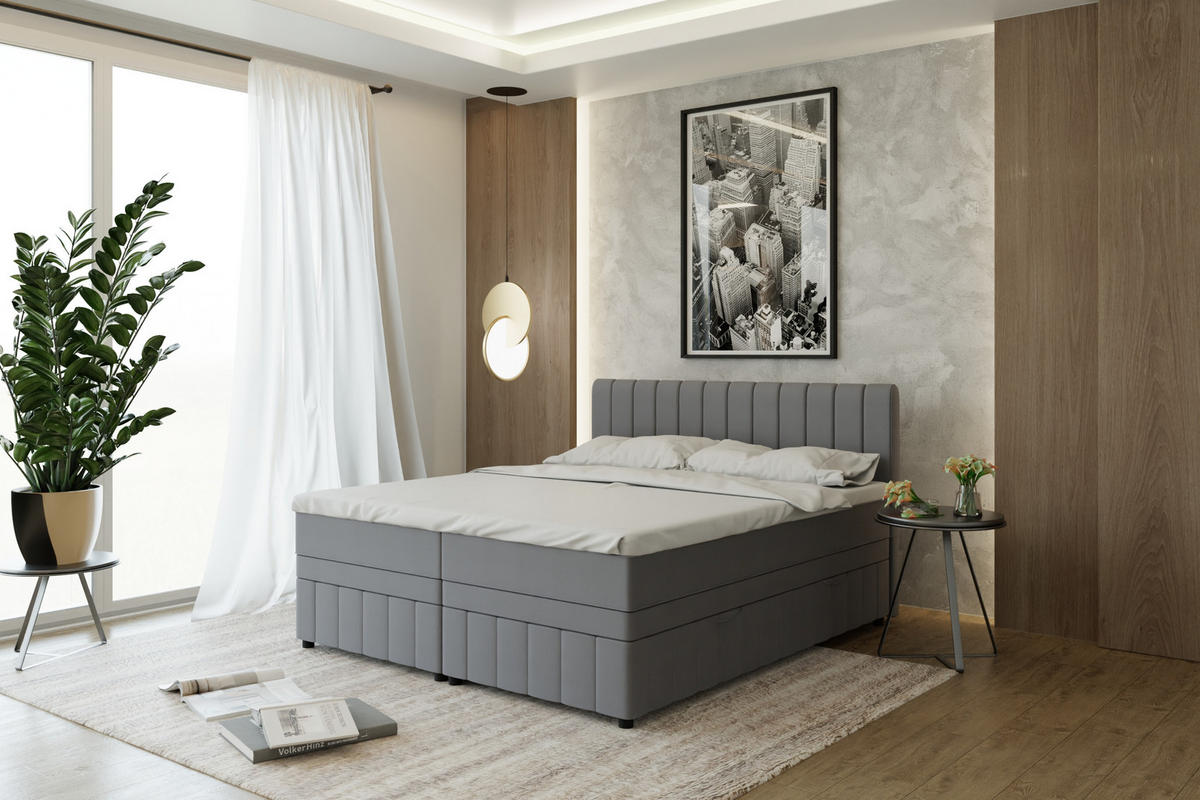 BOXBETT AVALON 180 x 200 cm mit Bettkasten und Topper - Dunkelgrau - Dunkelgrau, Holz - Panda Möbel