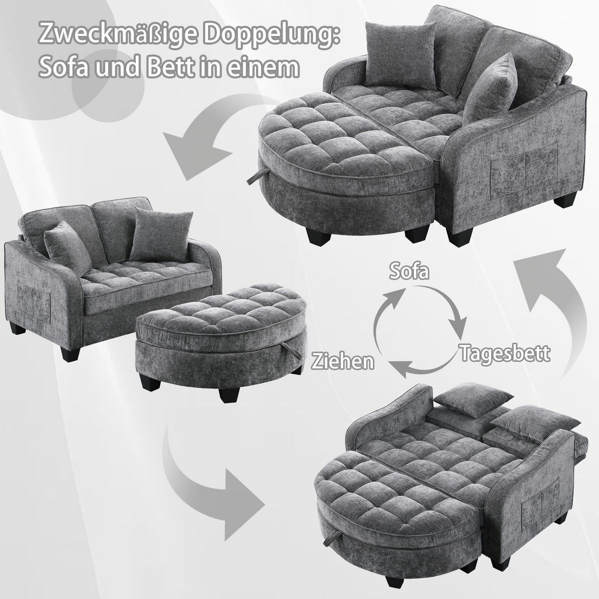 SCHLAFSOFA 2-in-1 mit Hocker und Stauraum, Dunkelgrau - Dunkelgrau, Holz (132/93/129cm)