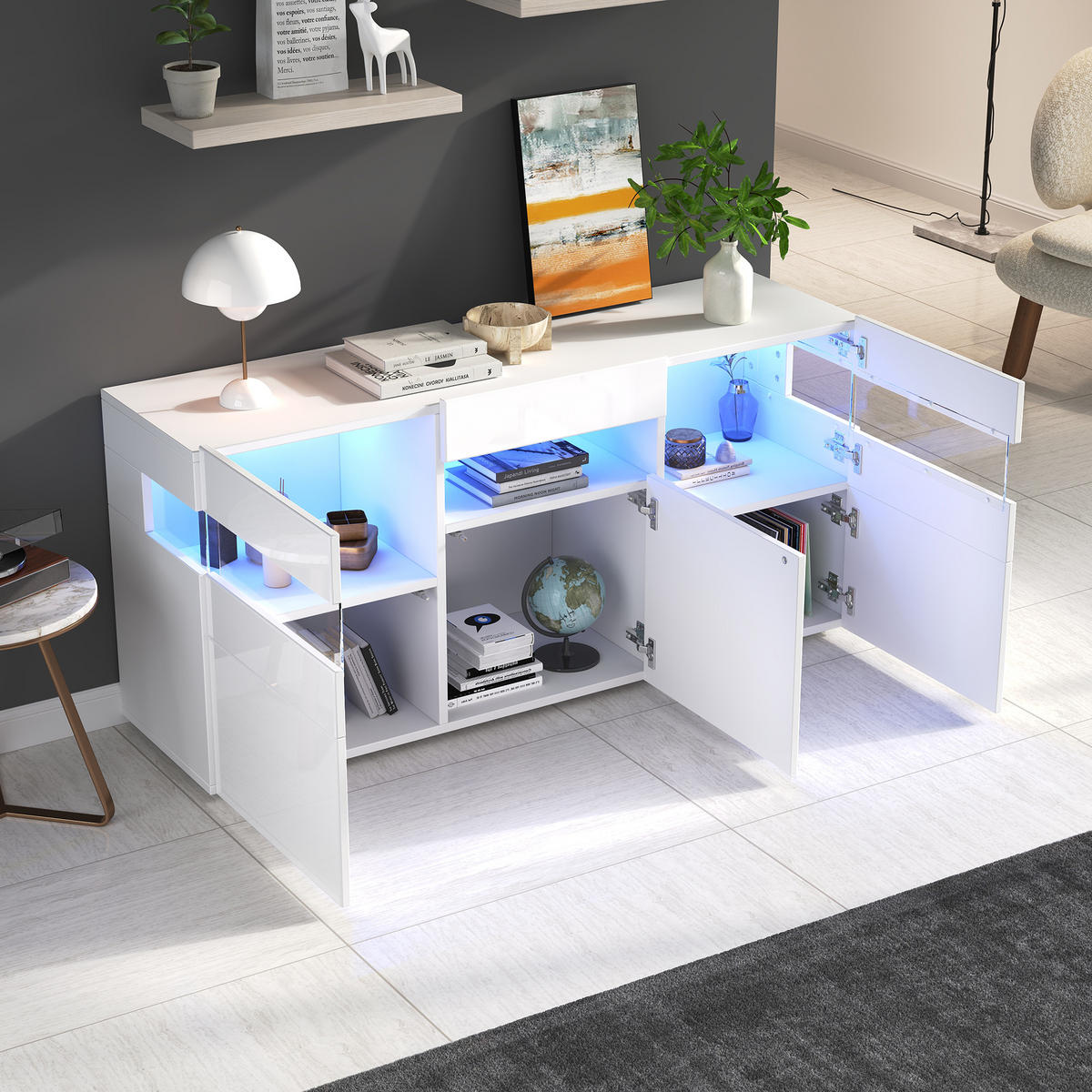 SIDEBOARD 140cm Hochglanz LED 3 Türen 7 Fächer Weiß modern - Weiß, Holzwerkstoff (40.5/66.5/140cm) - FLIEKS