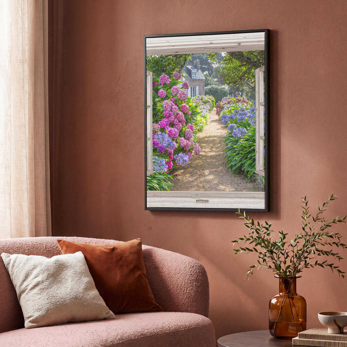 LEINWAND Bilder mit Rahmen - Hortensie - Durchsichtig - Blumen - Sommer - Lila - Weg - 70x100 - Lila, Textil (70/100cm) - MuchoWow
