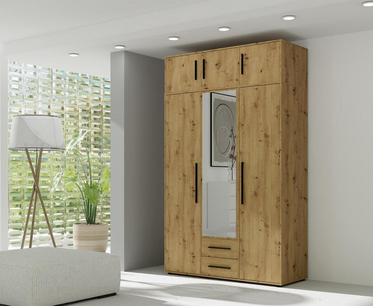 KLEIDERSCHRANK Maxivo Artisan Eiche, dreitüriger Kippschrank mit Schubladen und Spiegel, Erweiterung - Schwarz/Eiche Artisan, Holzwerkstoff (150/248/59cm) - Bettso